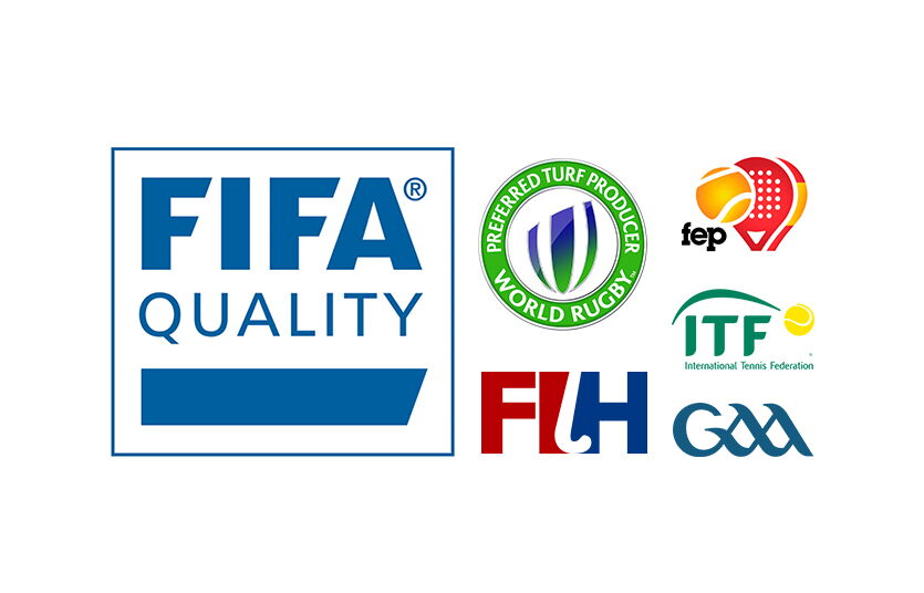 Certificiations federations logos - Ball on green turf field - Act Sports, the Premium Artificial Sports Turf Supplier